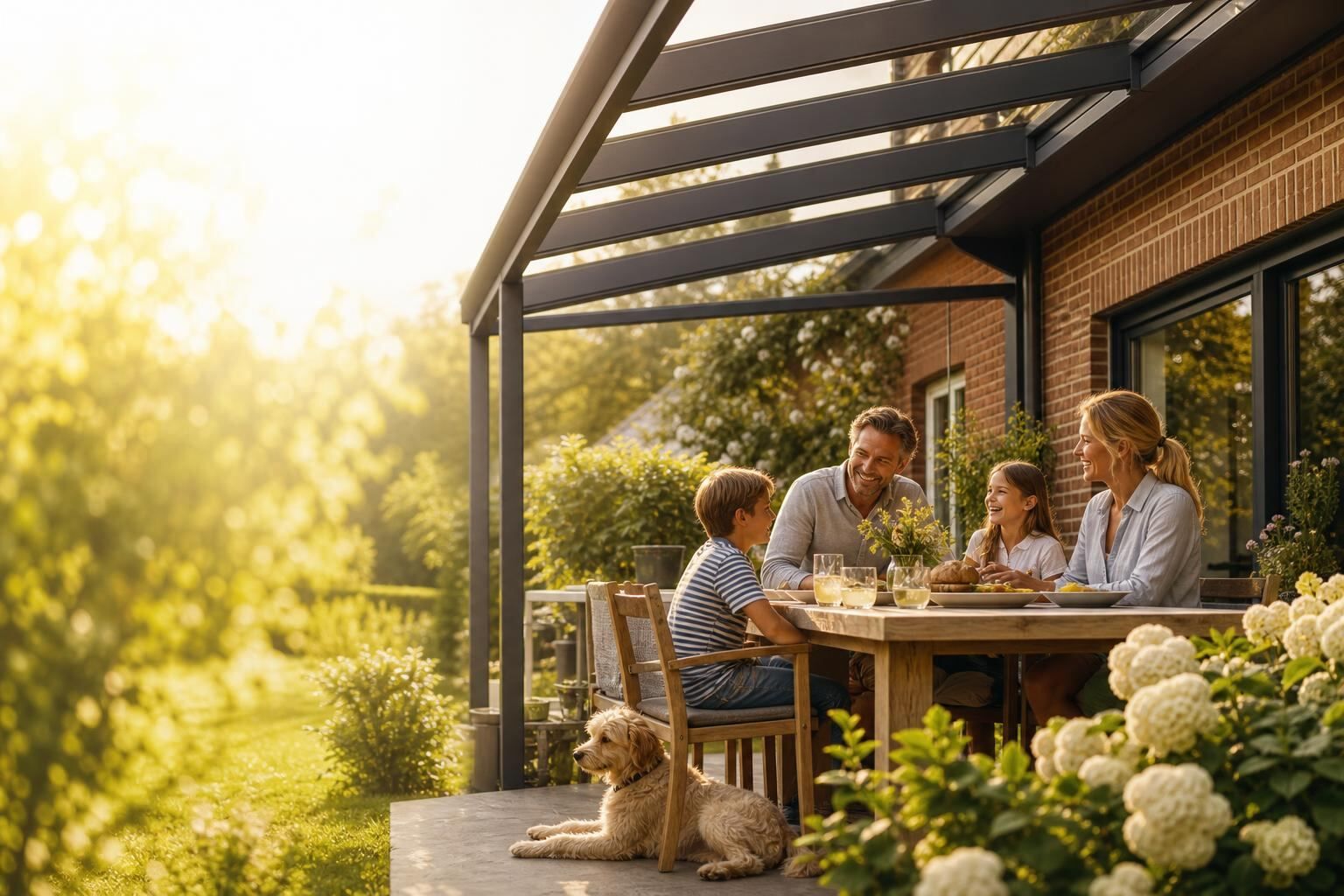 Glückliche Familie genießt ihre Aluminium-Terrassenüberdachung von Nickel-Terrassen